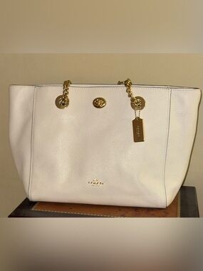 Coach Ivory Leather Tote with Gold Chain